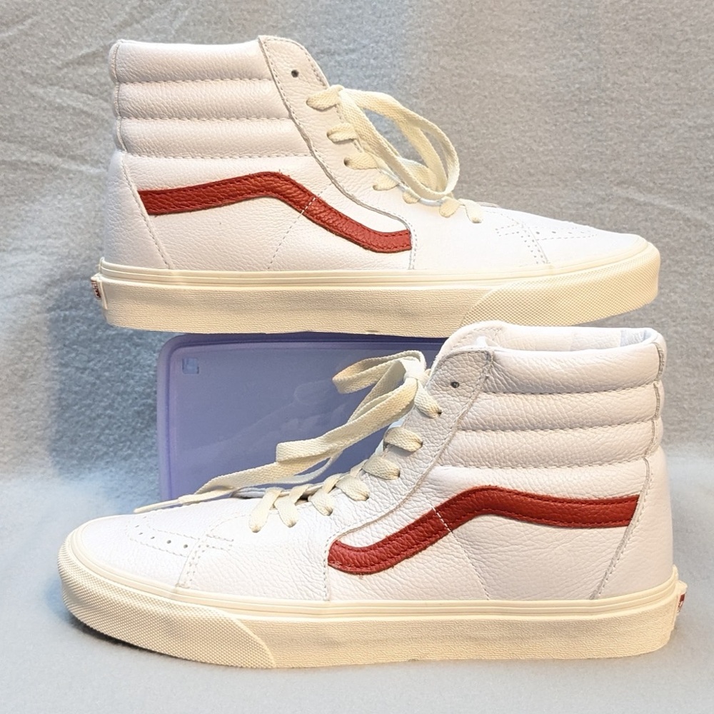 Vans Sk8-Hi Reissue White Leather Red Stripe Brogue Womens 10 /Mens 8.5